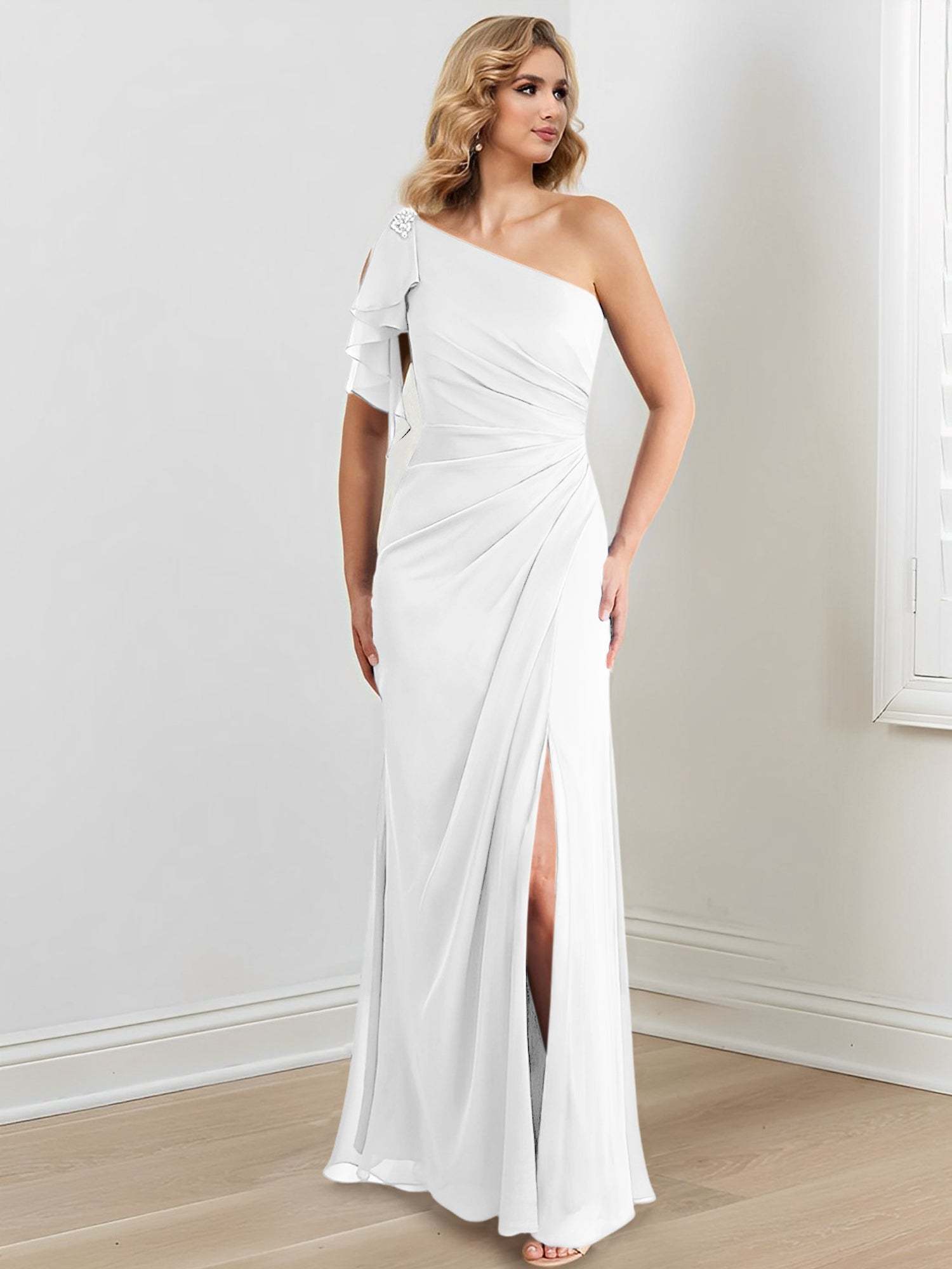 One-Shoulder Floor-Length Sheath/Column Gown for the Mother of the Bride