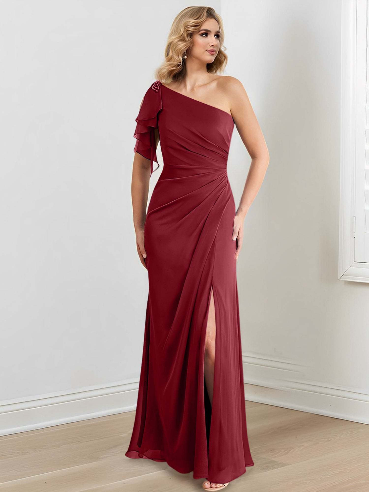 One-Shoulder Floor-Length Sheath/Column Gown for the Mother of the Bride