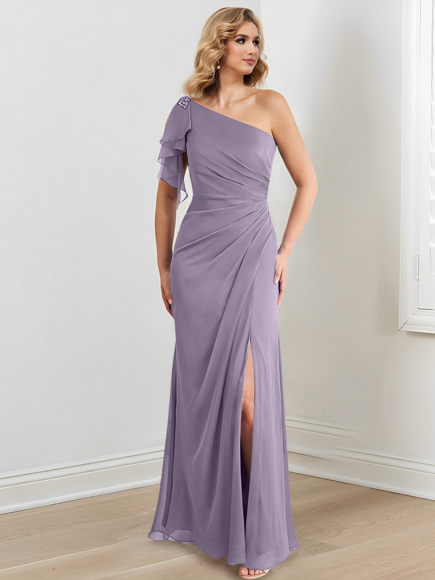 One-Shoulder Floor-Length Sheath/Column Gown for the Mother of the Bride