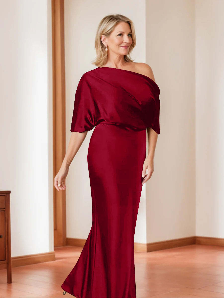 Elegant Plus Size Mother of the Bride One-Shoulder Sheath Dress with 1/2 Sleeves