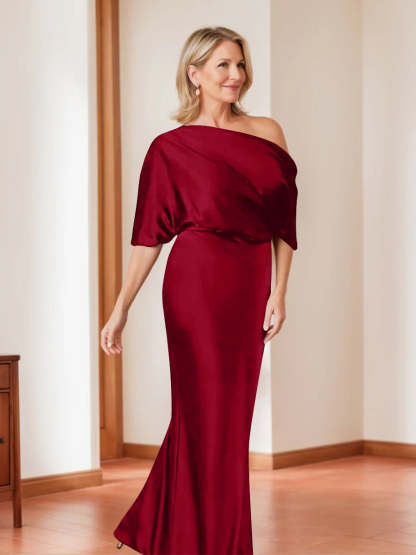 Elegant Plus Size Mother of the Bride One-Shoulder Sheath Dress with 1/2 Sleeves