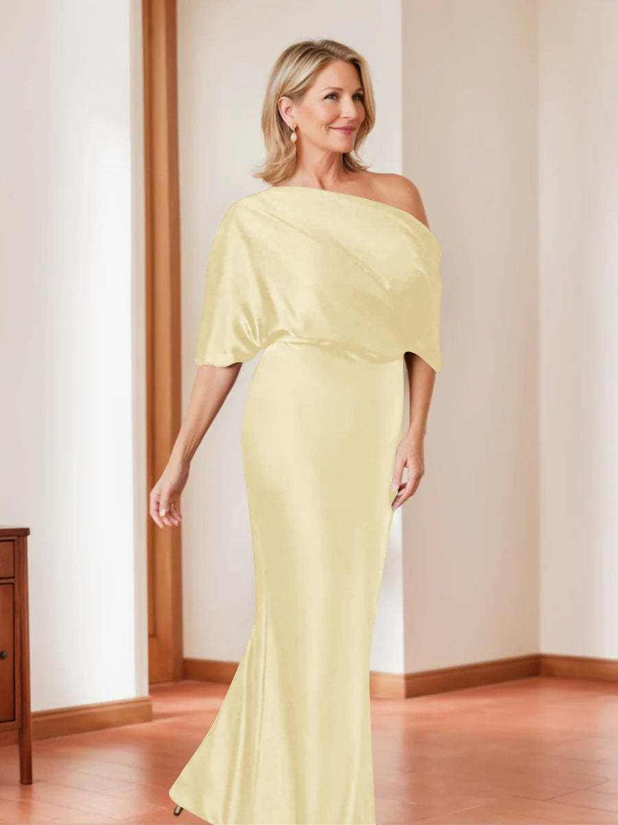 Elegant Plus Size Mother of the Bride One-Shoulder Sheath Dress with 1/2 Sleeves