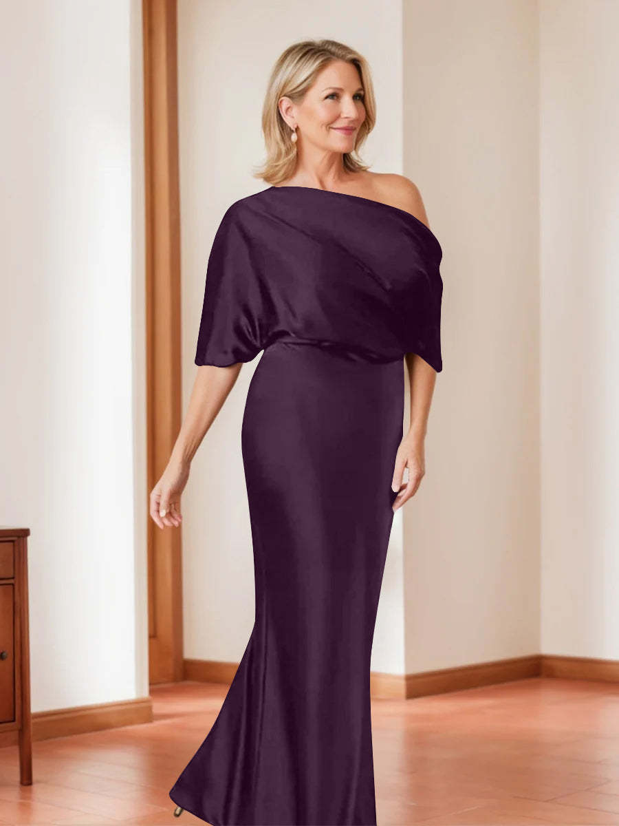 Elegant Plus Size Mother of the Bride One-Shoulder Sheath Dress with 1/2 Sleeves