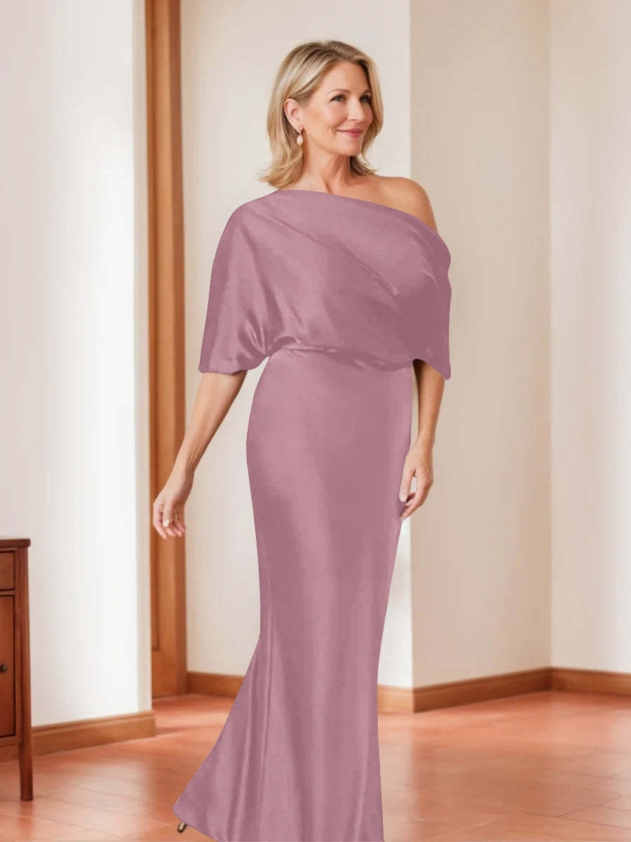 Elegant Plus Size Mother of the Bride One-Shoulder Sheath Dress with 1/2 Sleeves