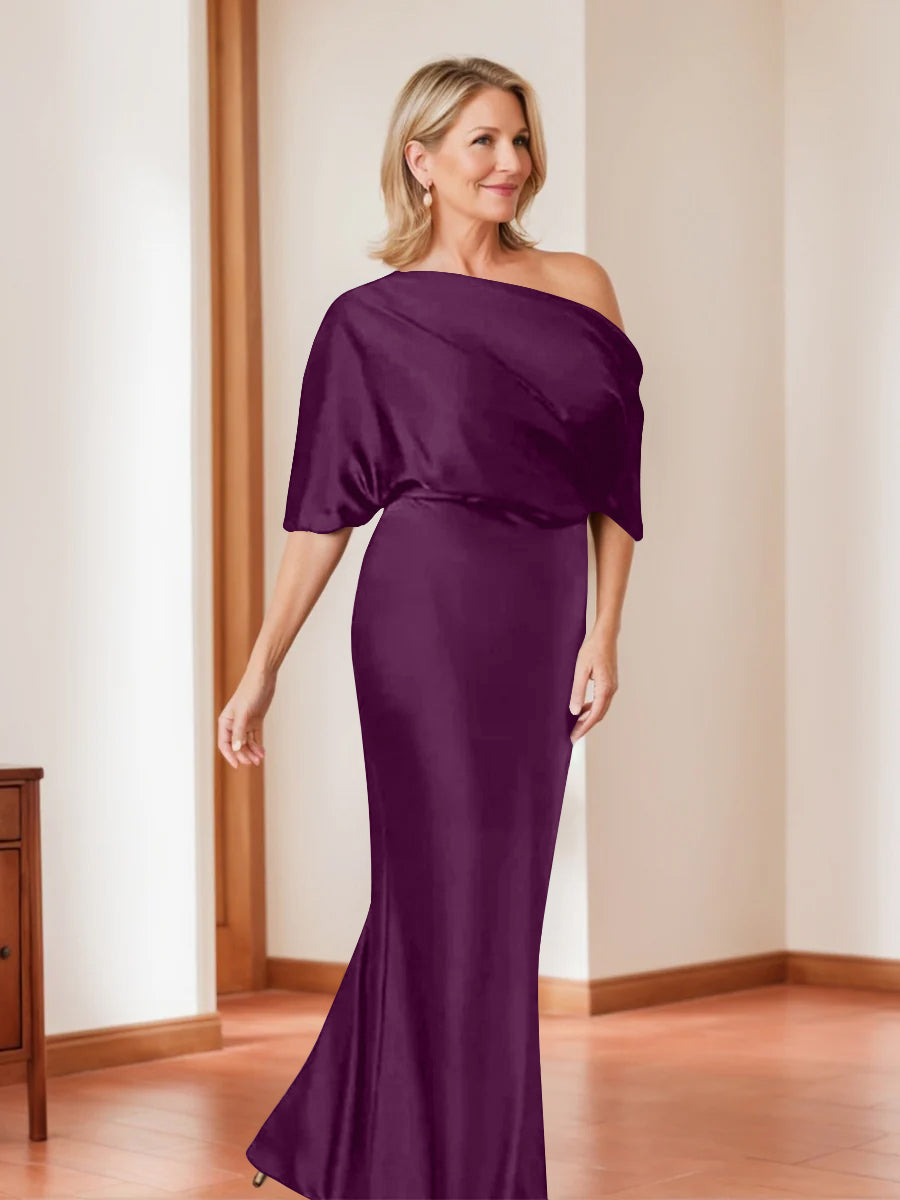 Elegant Plus Size Mother of the Bride One-Shoulder Sheath Dress with 1/2 Sleeves
