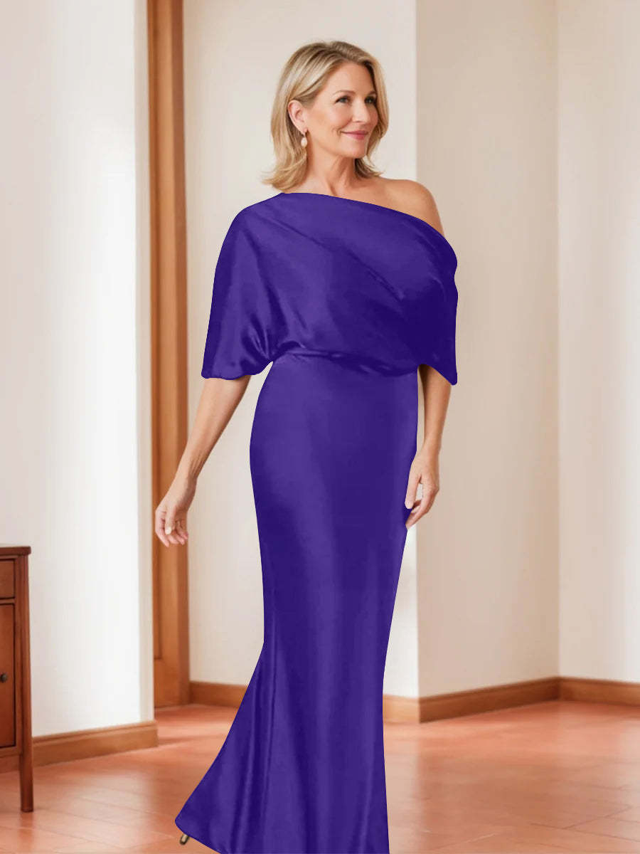Elegant Plus Size Mother of the Bride One-Shoulder Sheath Dress with 1/2 Sleeves