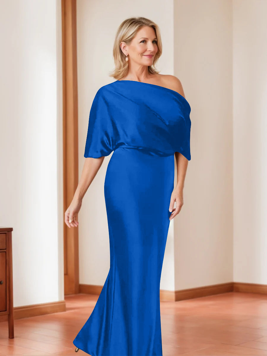 Elegant Plus Size Mother of the Bride One-Shoulder Sheath Dress with 1/2 Sleeves