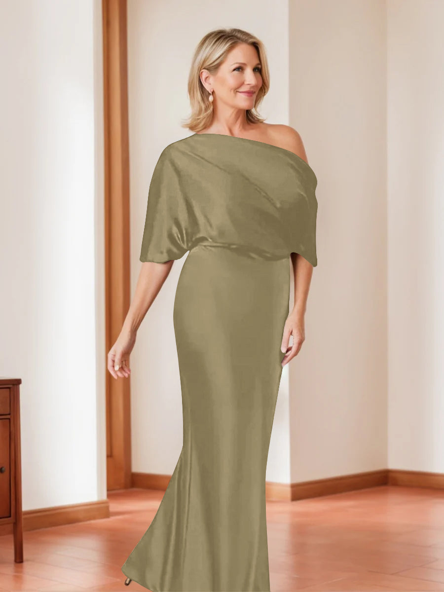 Elegant Plus Size Mother of the Bride One-Shoulder Sheath Dress with 1/2 Sleeves