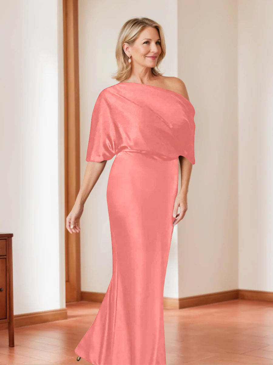 Elegant Plus Size Mother of the Bride One-Shoulder Sheath Dress with 1/2 Sleeves