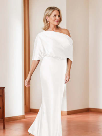 Elegant Plus Size Mother of the Bride One-Shoulder Sheath Dress with 1/2 Sleeves