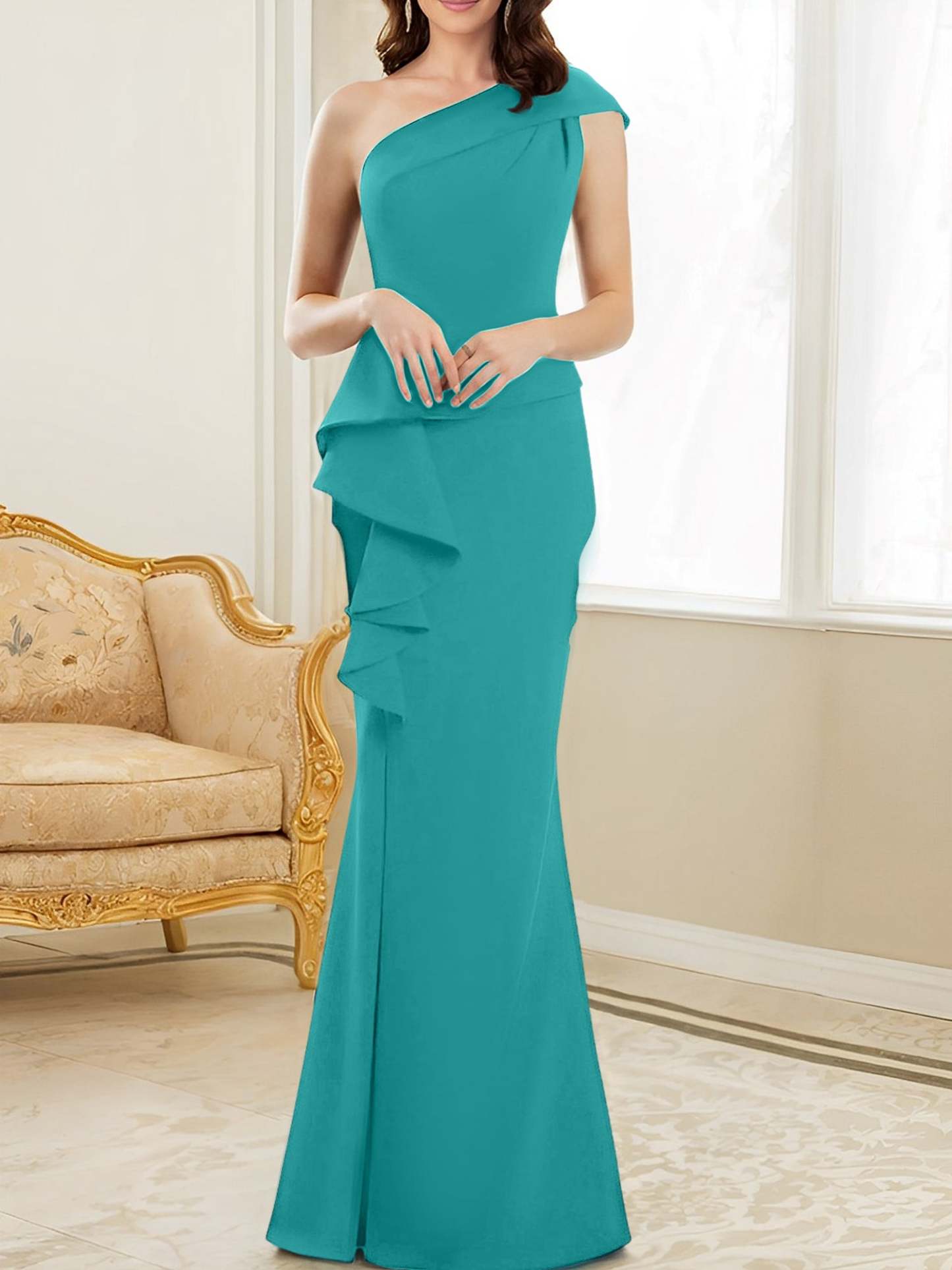 One-Shoulder Floor-Length Trumpet/Mermaid Gown for the Mother of the Bride