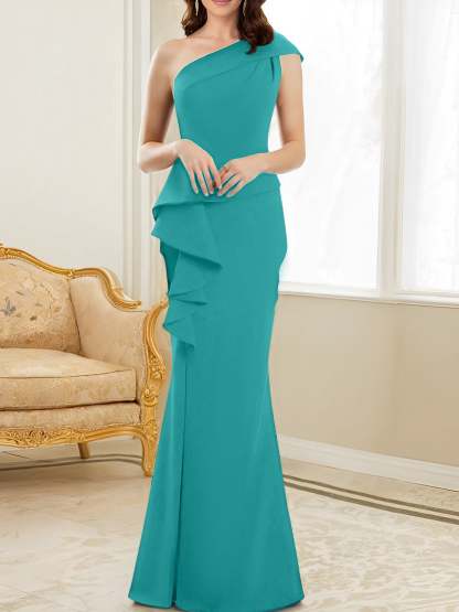 One-Shoulder Floor-Length Trumpet/Mermaid Gown for the Mother of the Bride