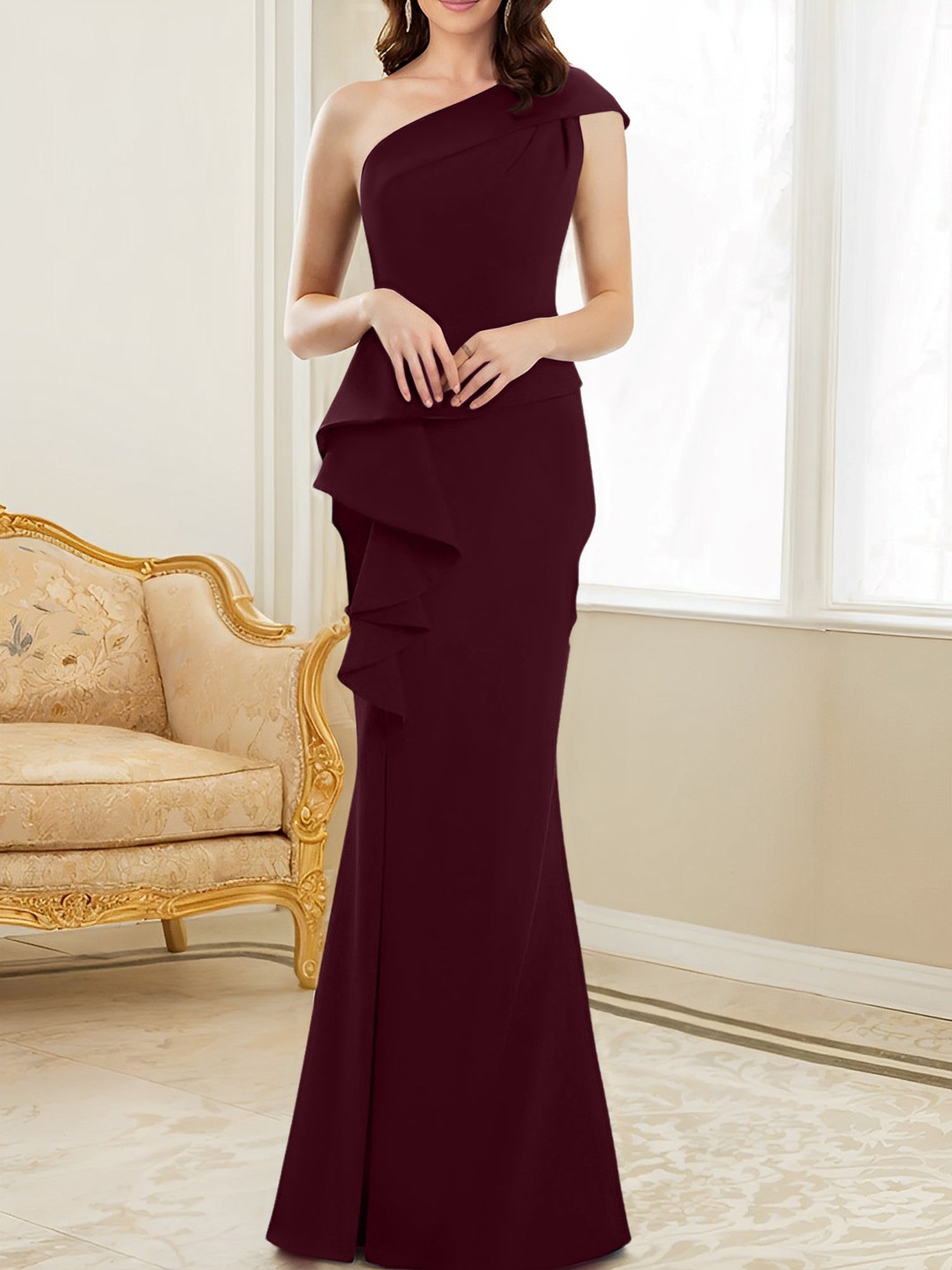 One-Shoulder Floor-Length Trumpet/Mermaid Gown for the Mother of the Bride