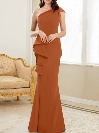 One-Shoulder Floor-Length Trumpet/Mermaid Gown for the Mother of the Bride