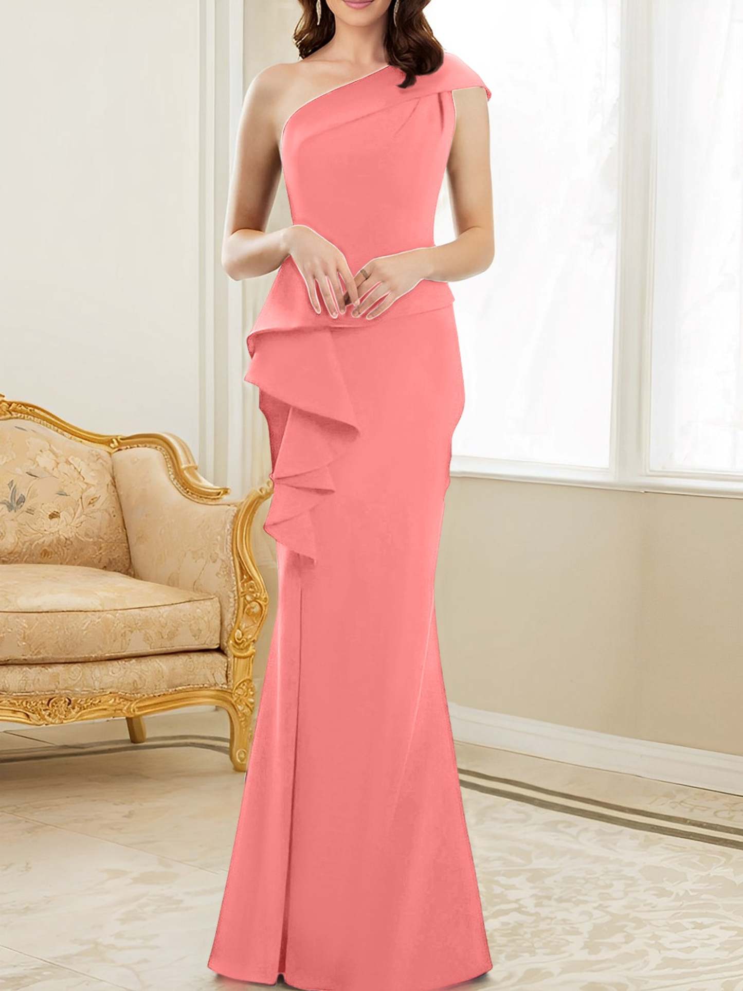 One-Shoulder Floor-Length Trumpet/Mermaid Gown for the Mother of the Bride
