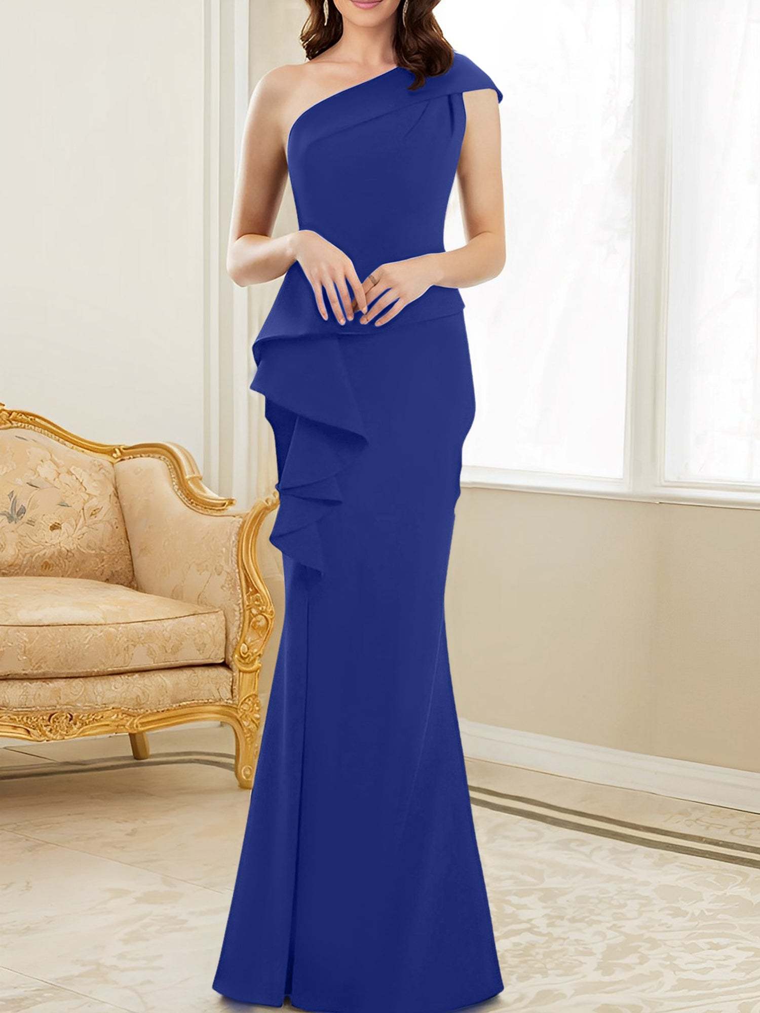 One-Shoulder Floor-Length Trumpet/Mermaid Gown for the Mother of the Bride