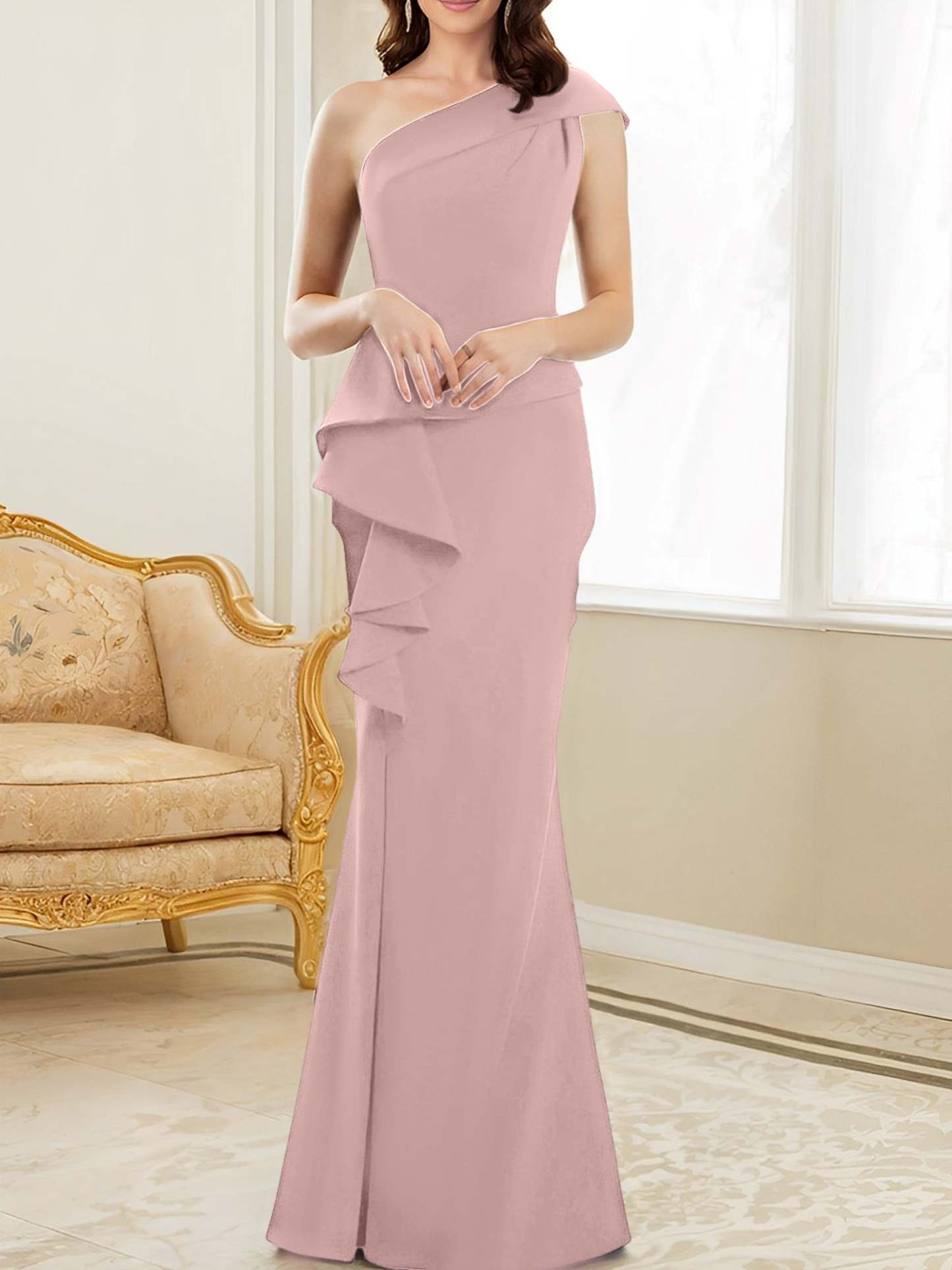 One-Shoulder Floor-Length Trumpet/Mermaid Gown for the Mother of the Bride