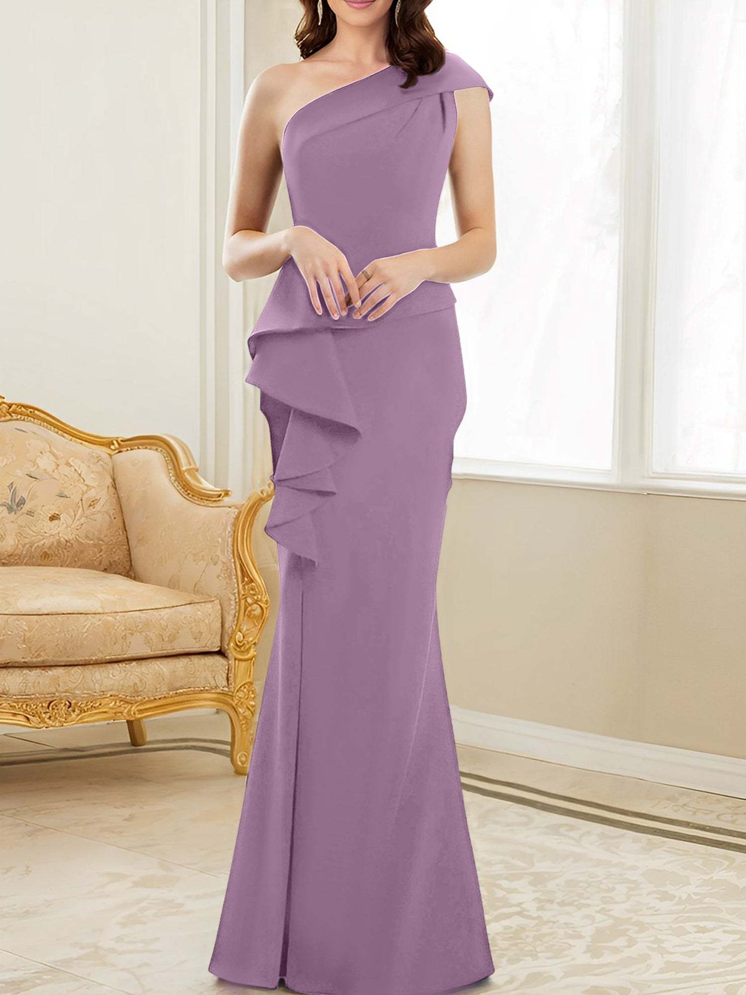 One-Shoulder Floor-Length Trumpet/Mermaid Gown for the Mother of the Bride