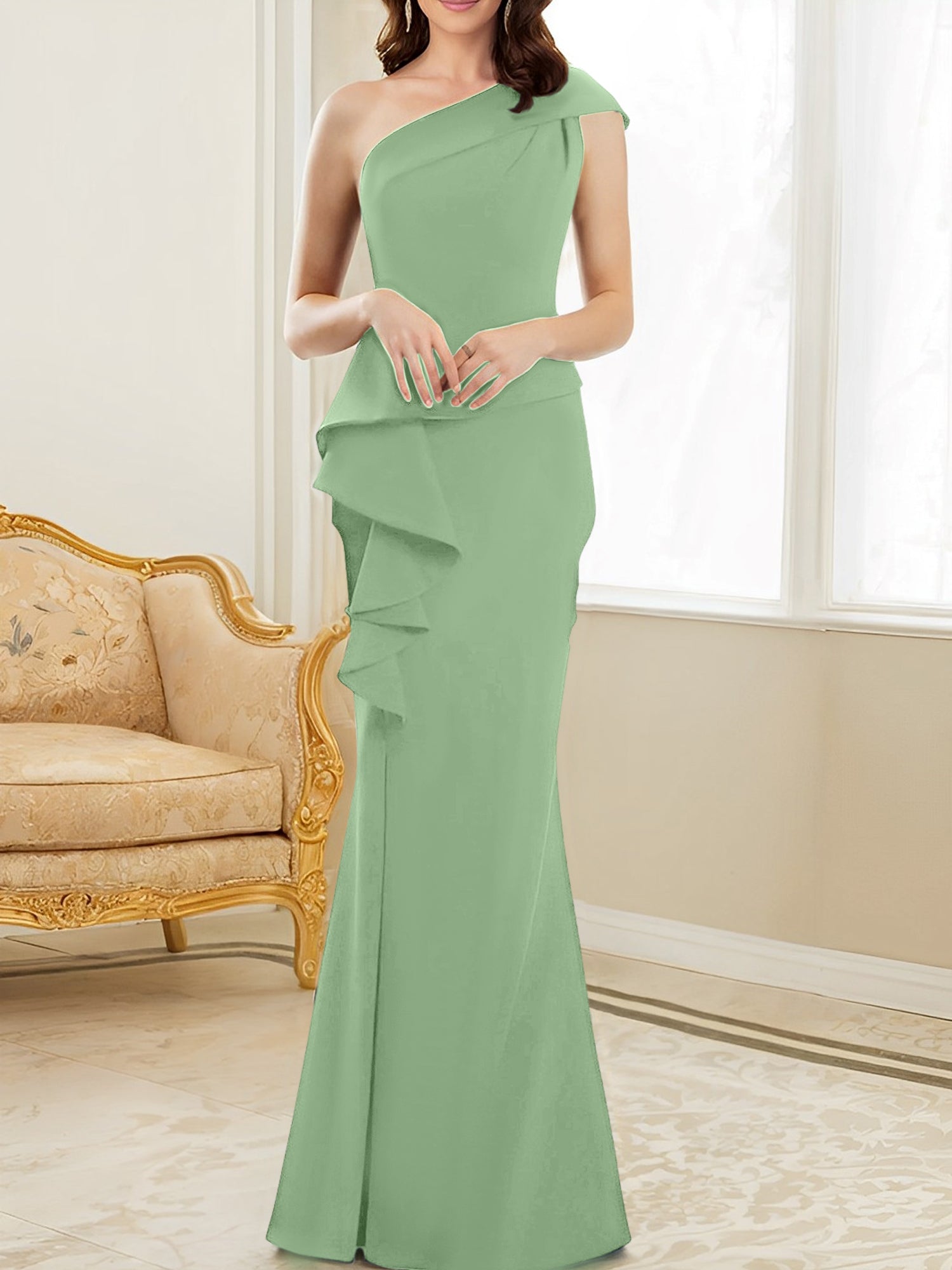 One-Shoulder Floor-Length Trumpet/Mermaid Gown for the Mother of the Bride