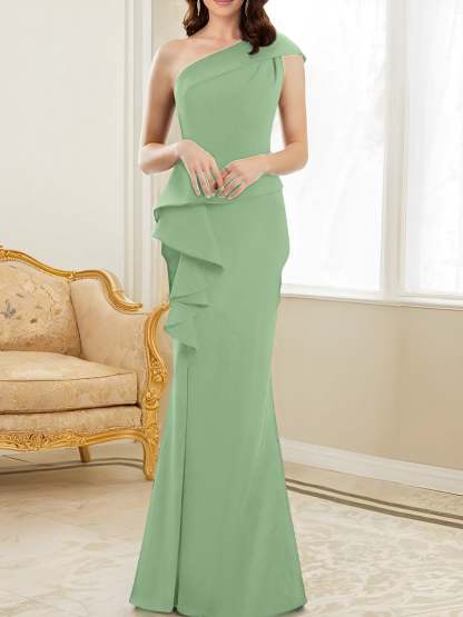 One-Shoulder Floor-Length Trumpet/Mermaid Gown for the Mother of the Bride