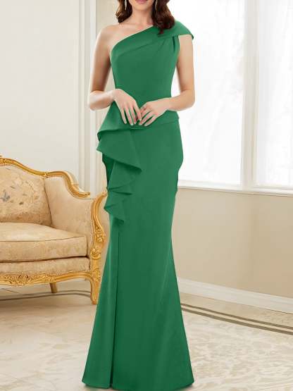 One-Shoulder Floor-Length Trumpet/Mermaid Gown for the Mother of the Bride