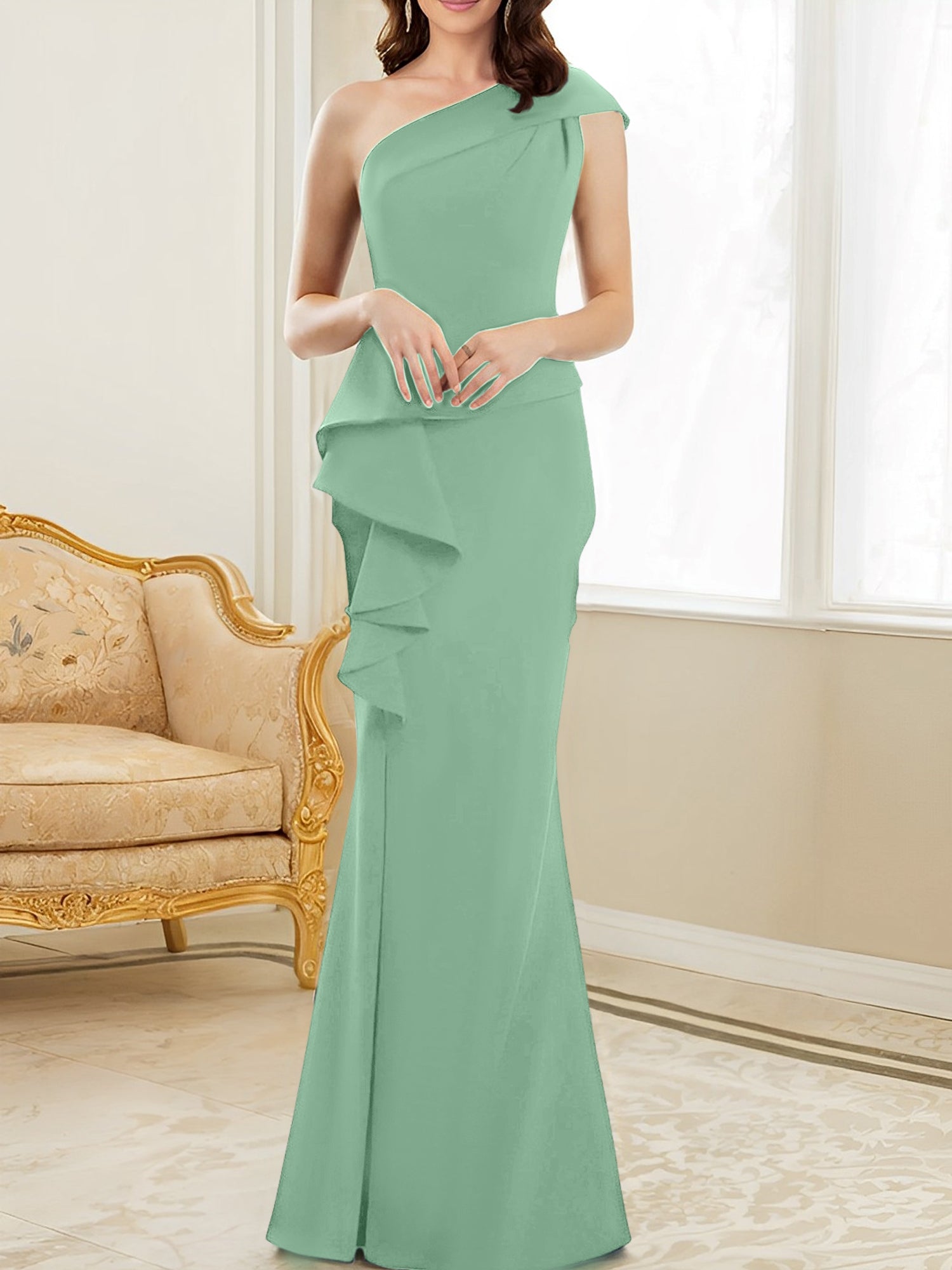One-Shoulder Floor-Length Trumpet/Mermaid Gown for the Mother of the Bride