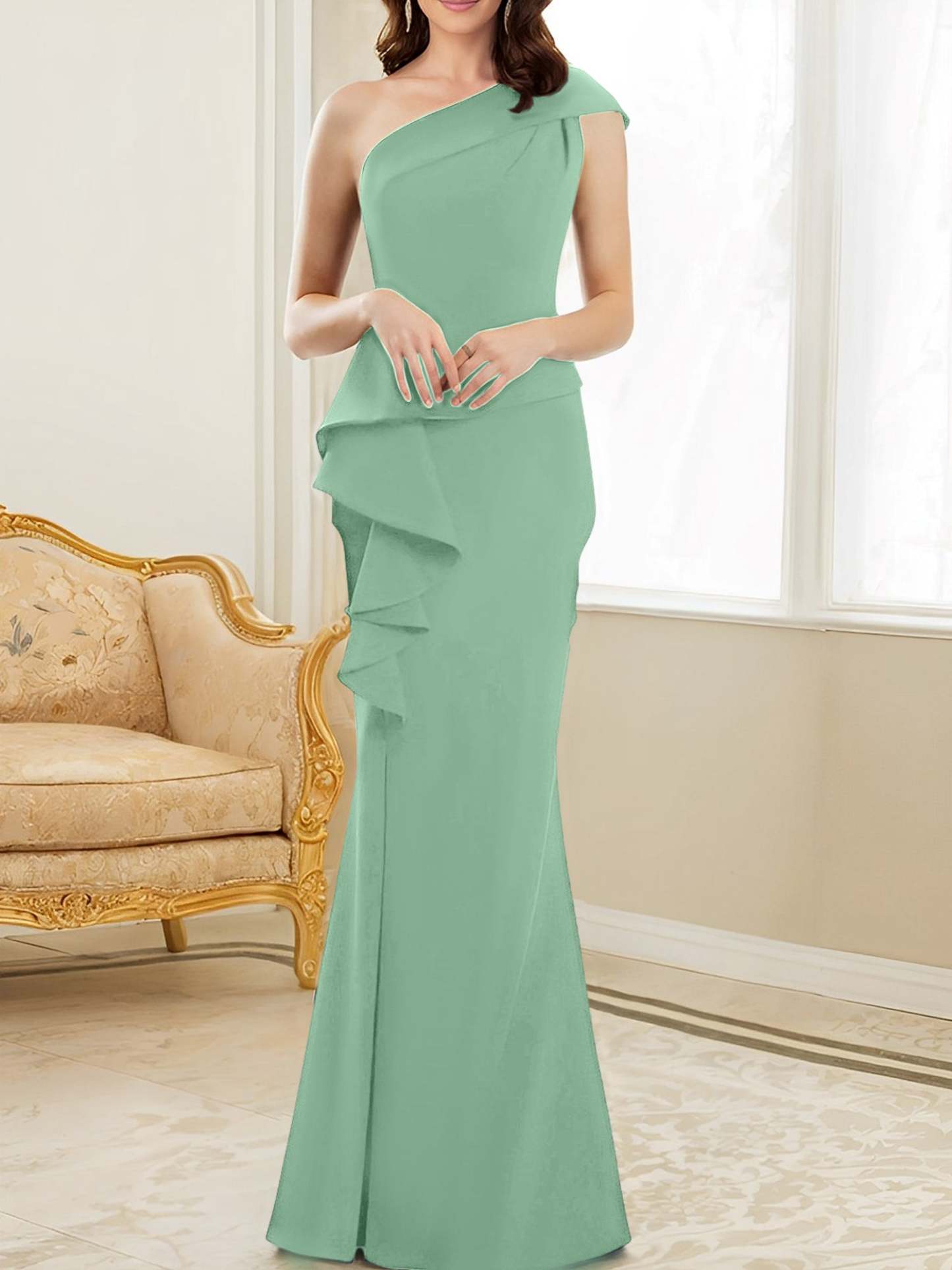 One-Shoulder Floor-Length Trumpet/Mermaid Gown for the Mother of the Bride
