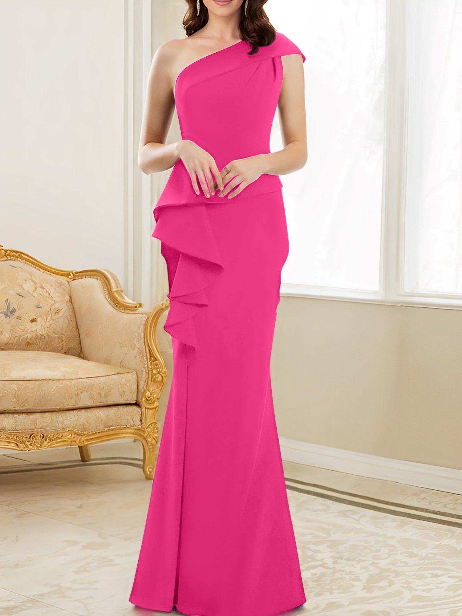One-Shoulder Floor-Length Trumpet/Mermaid Gown for the Mother of the Bride