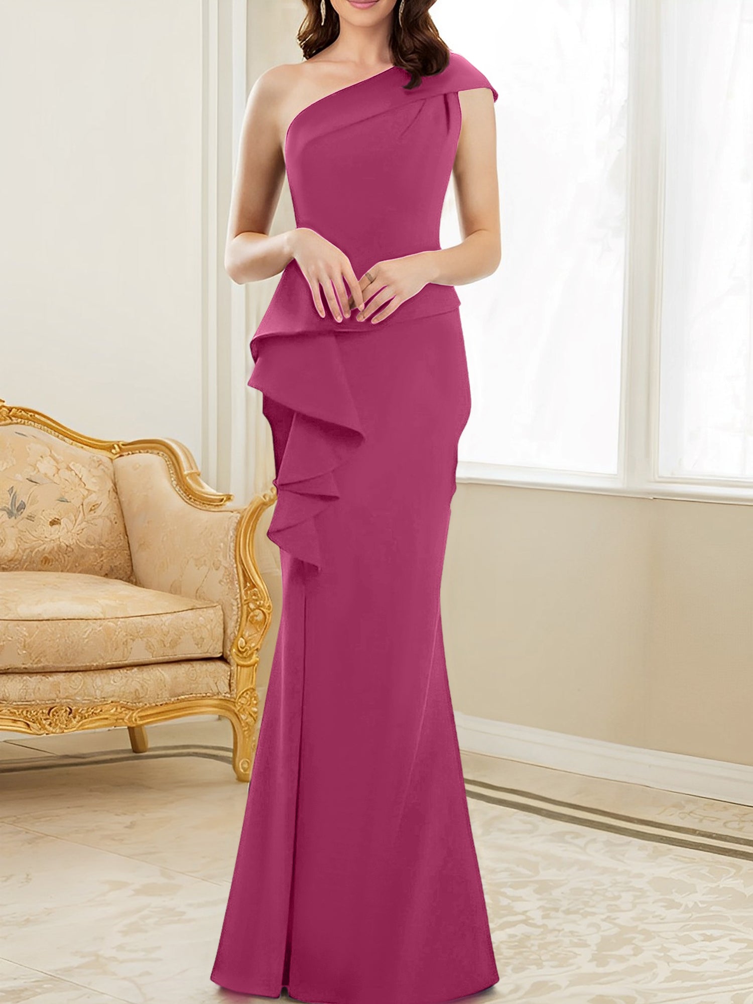 One-Shoulder Floor-Length Trumpet/Mermaid Gown for the Mother of the Bride