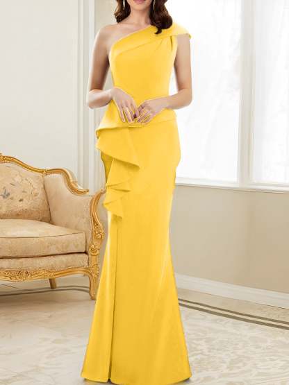 One-Shoulder Floor-Length Trumpet/Mermaid Gown for the Mother of the Bride