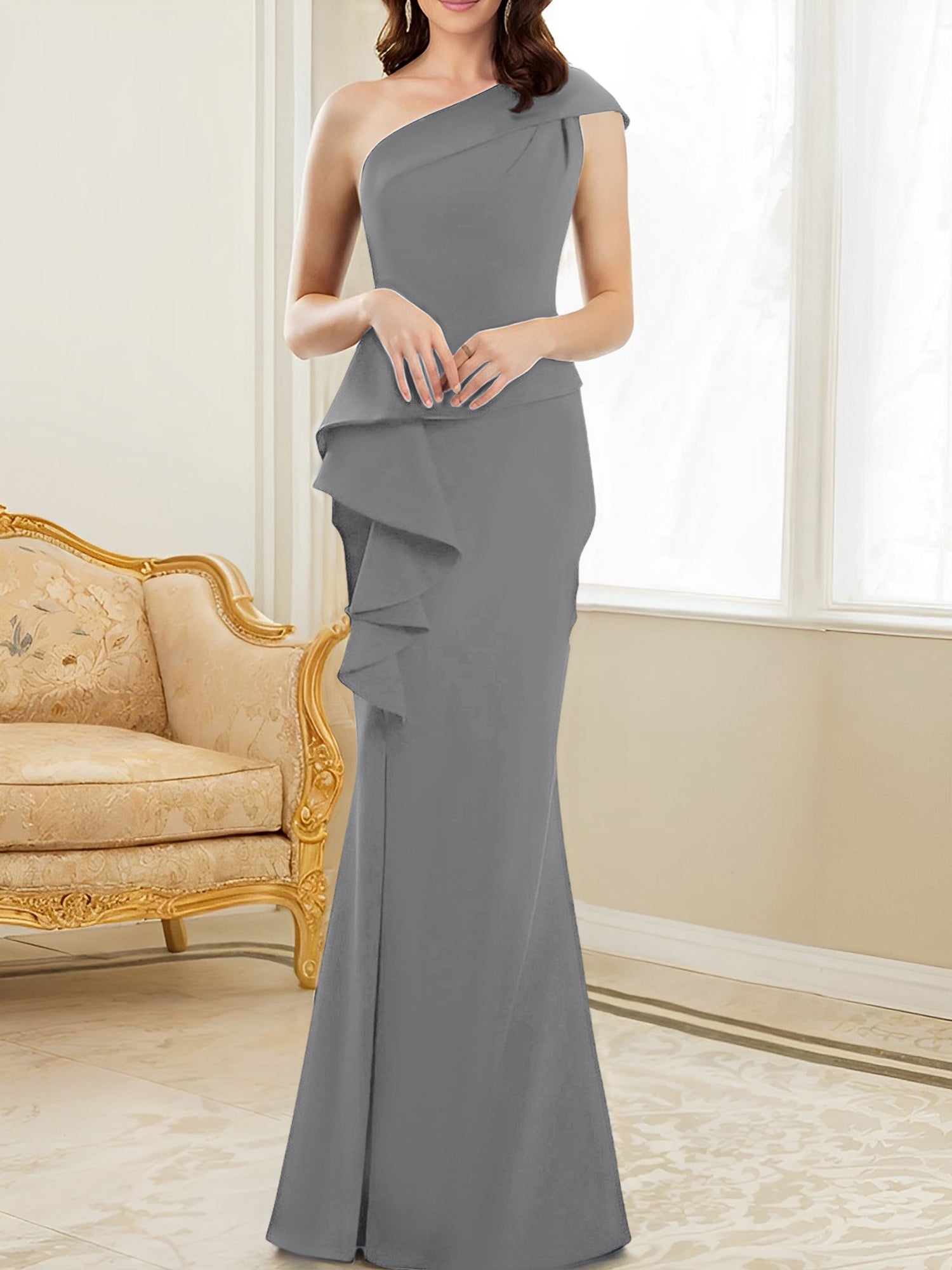 One-Shoulder Floor-Length Trumpet/Mermaid Gown for the Mother of the Bride