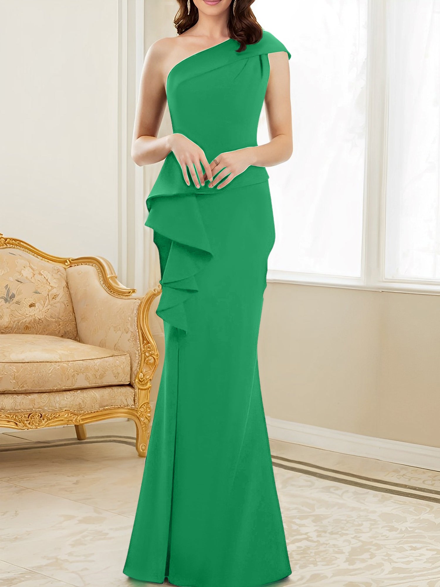 One-Shoulder Floor-Length Trumpet/Mermaid Gown for the Mother of the Bride
