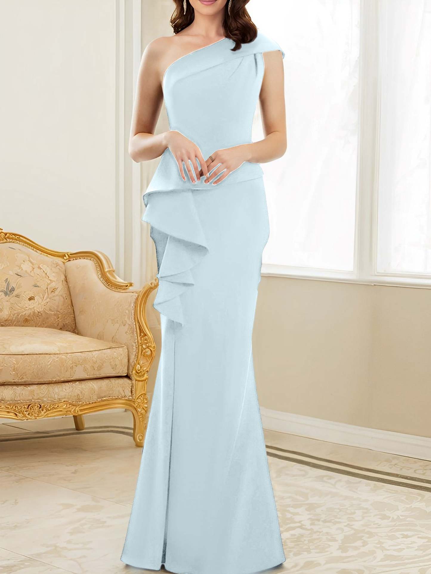 One-Shoulder Floor-Length Trumpet/Mermaid Gown for the Mother of the Bride