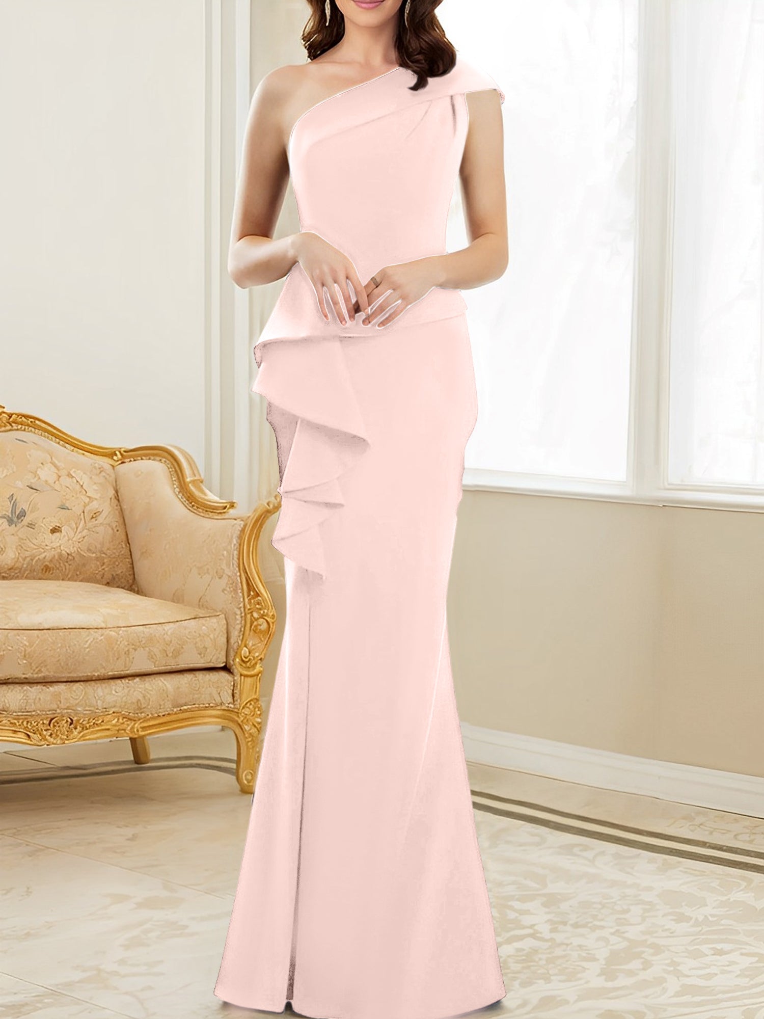 One-Shoulder Floor-Length Trumpet/Mermaid Gown for the Mother of the Bride