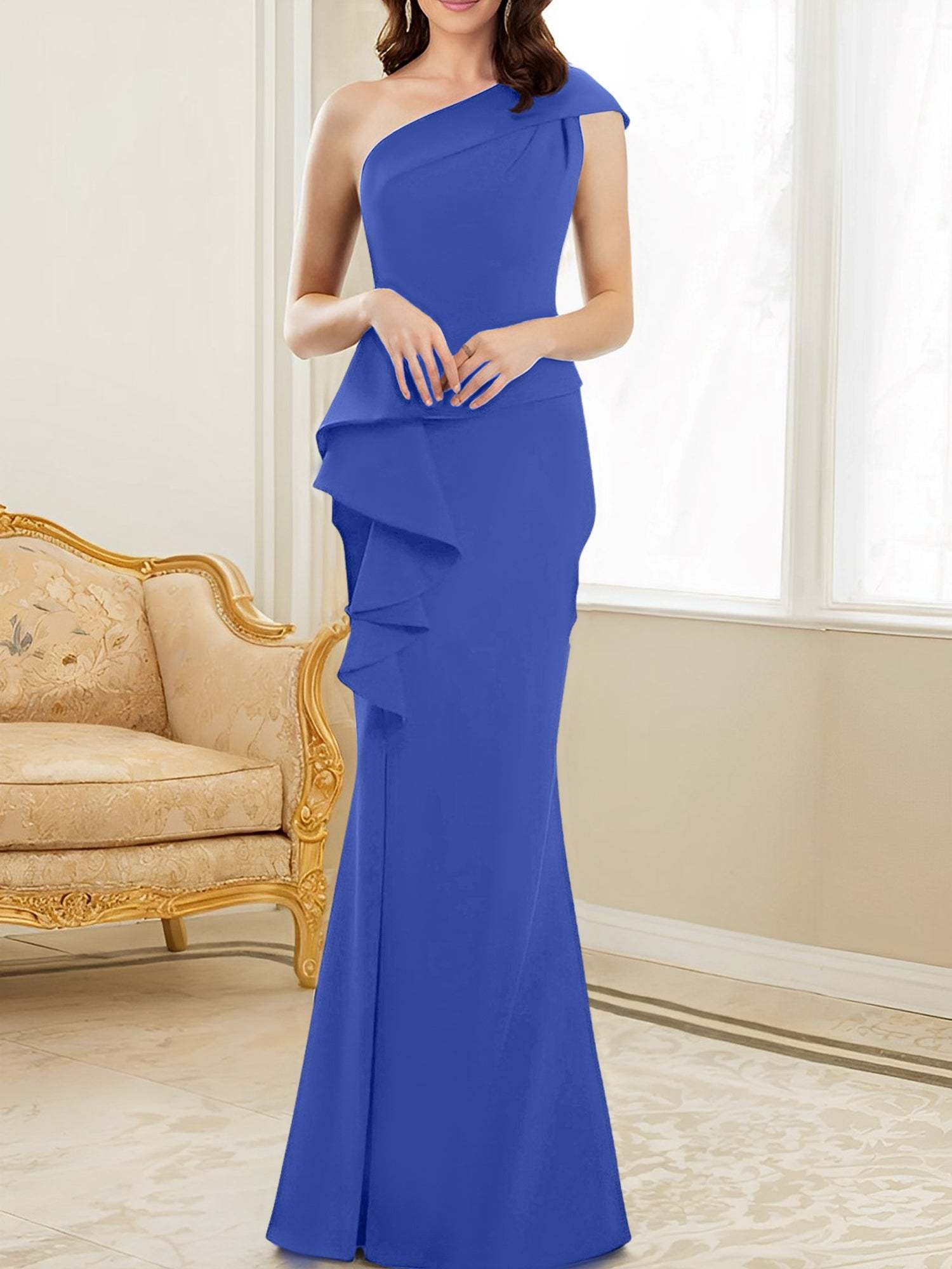 One-Shoulder Floor-Length Trumpet/Mermaid Gown for the Mother of the Bride