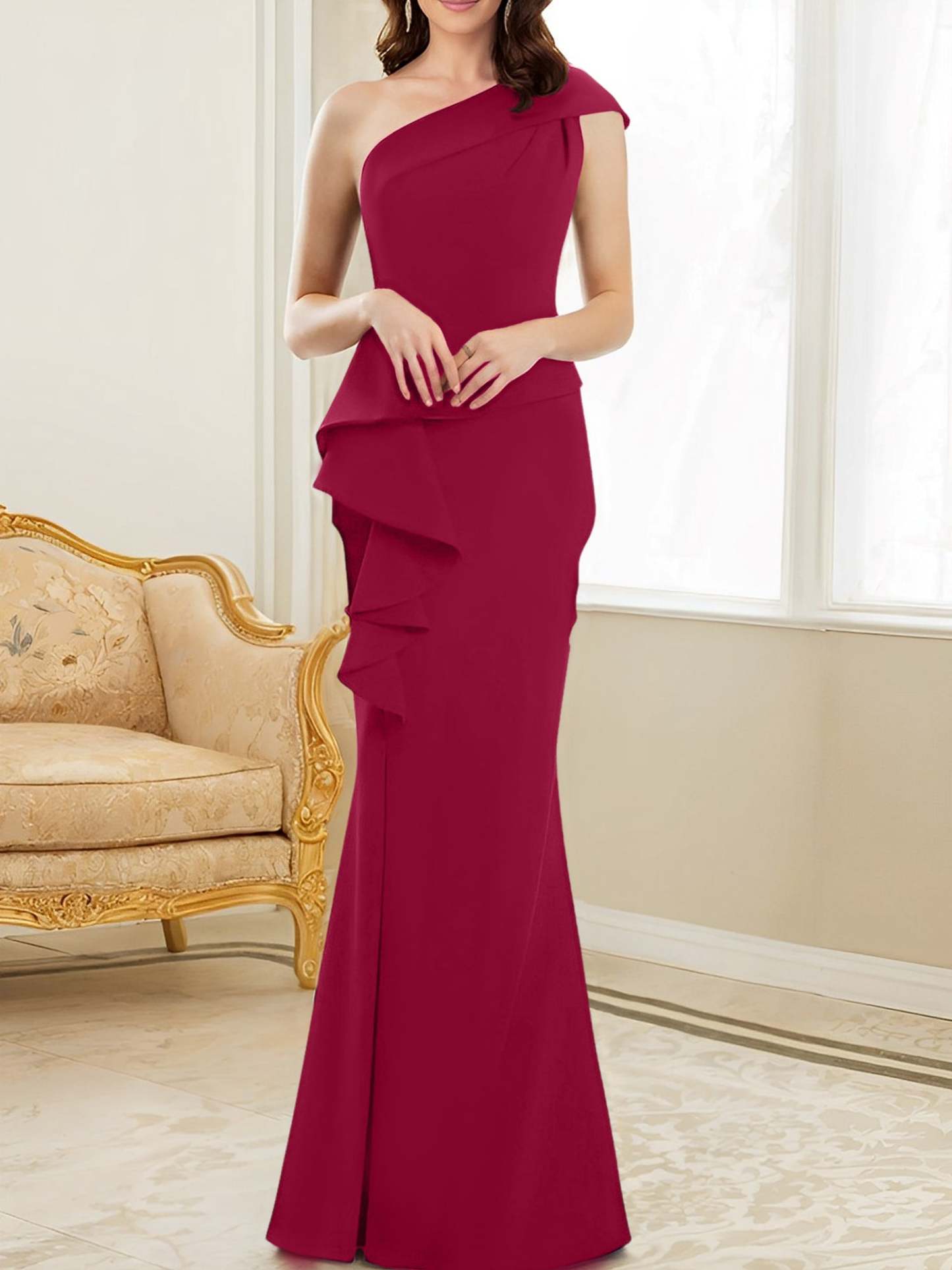 One-Shoulder Floor-Length Trumpet/Mermaid Gown for the Mother of the Bride