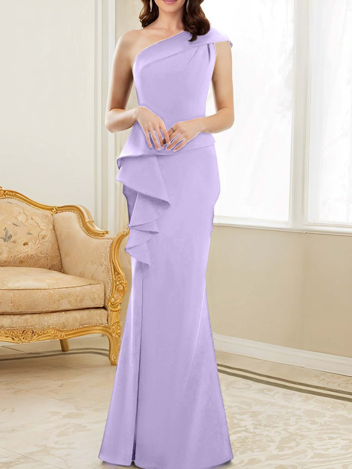 One-Shoulder Floor-Length Trumpet/Mermaid Gown for the Mother of the Bride