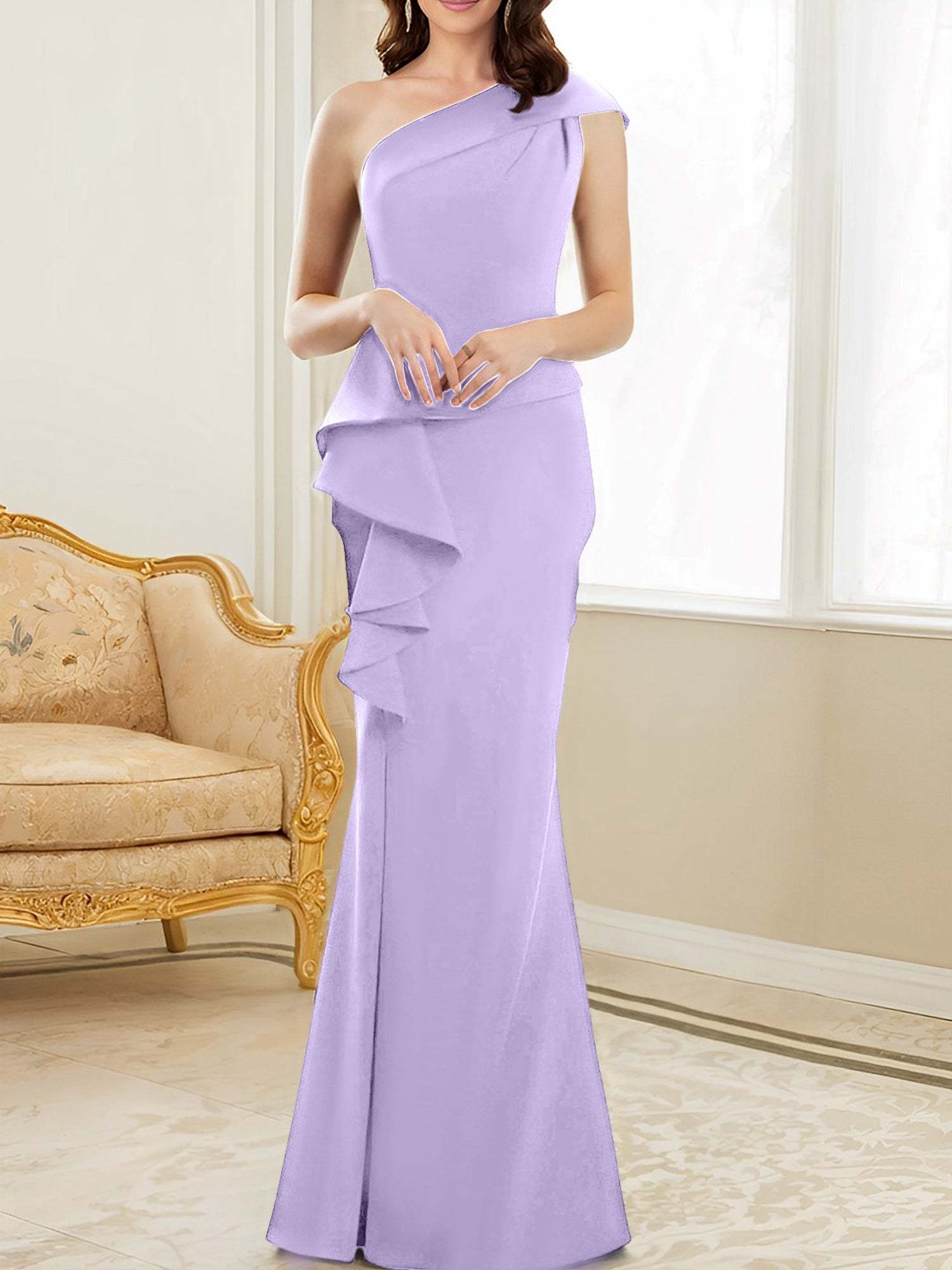 One-Shoulder Floor-Length Trumpet/Mermaid Gown for the Mother of the Bride