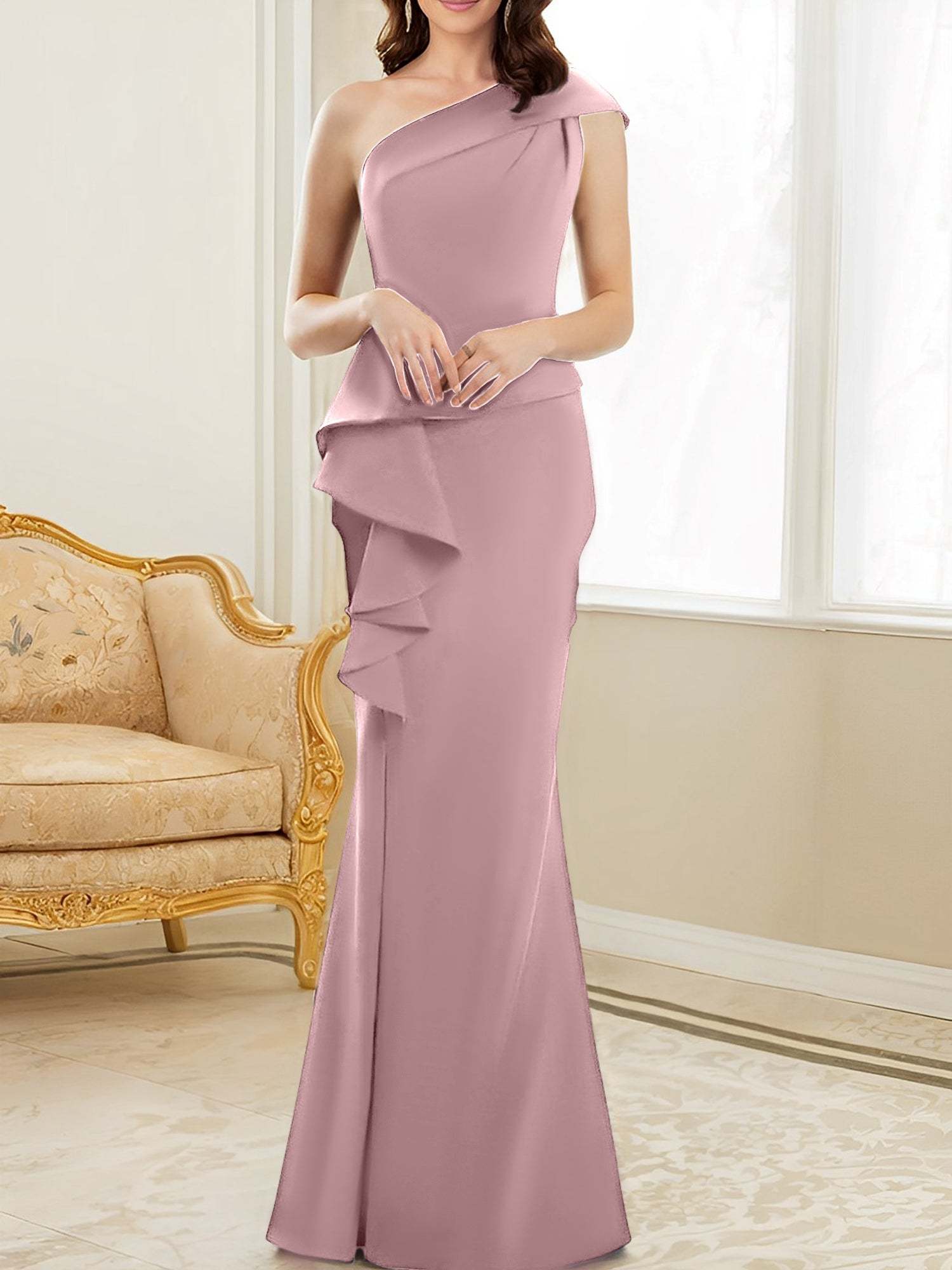 One-Shoulder Floor-Length Trumpet/Mermaid Gown for the Mother of the Bride