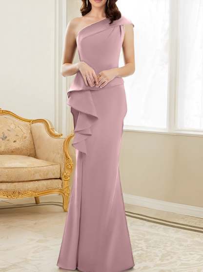 One-Shoulder Floor-Length Trumpet/Mermaid Gown for the Mother of the Bride
