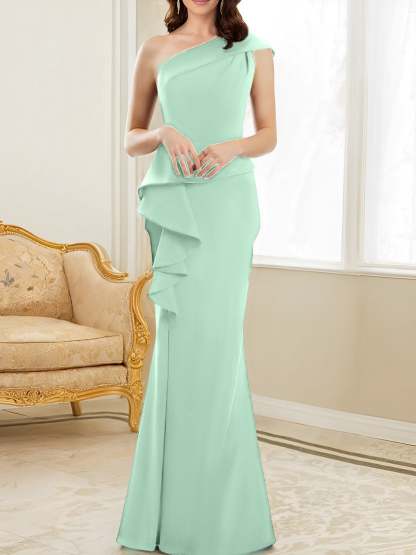 One-Shoulder Floor-Length Trumpet/Mermaid Gown for the Mother of the Bride