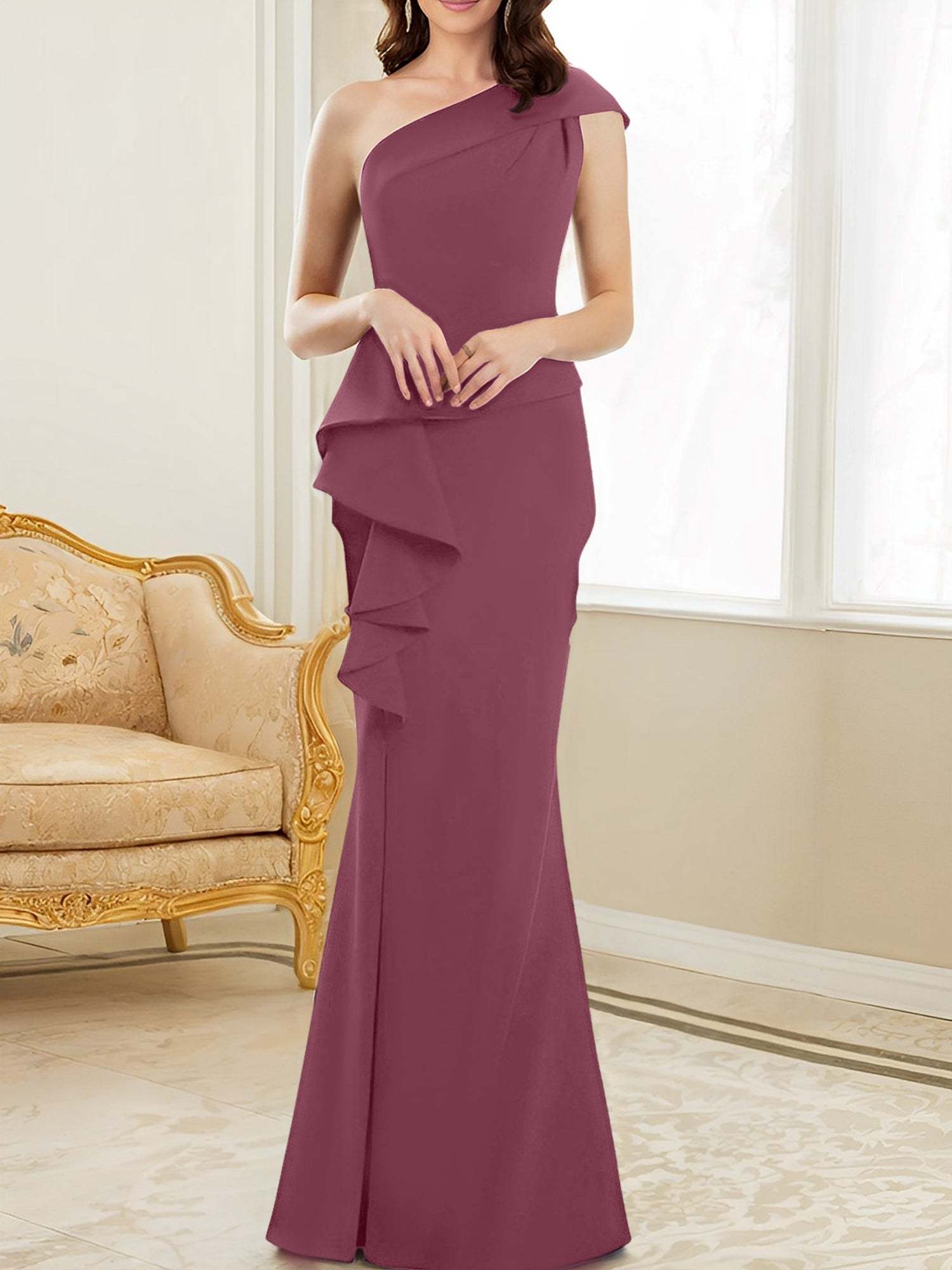 One-Shoulder Floor-Length Trumpet/Mermaid Gown for the Mother of the Bride