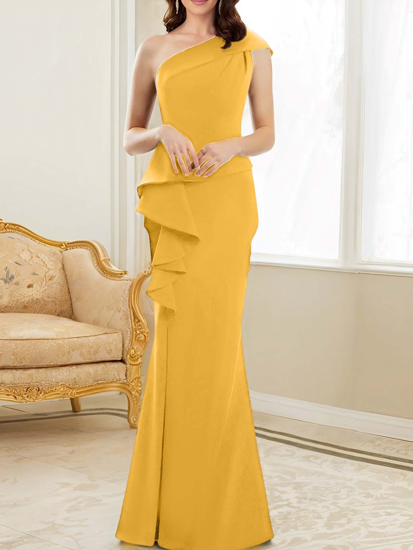 One-Shoulder Floor-Length Trumpet/Mermaid Gown for the Mother of the Bride