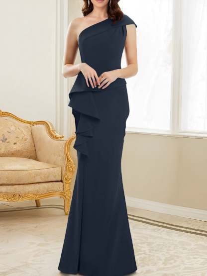 One-Shoulder Floor-Length Trumpet/Mermaid Gown for the Mother of the Bride