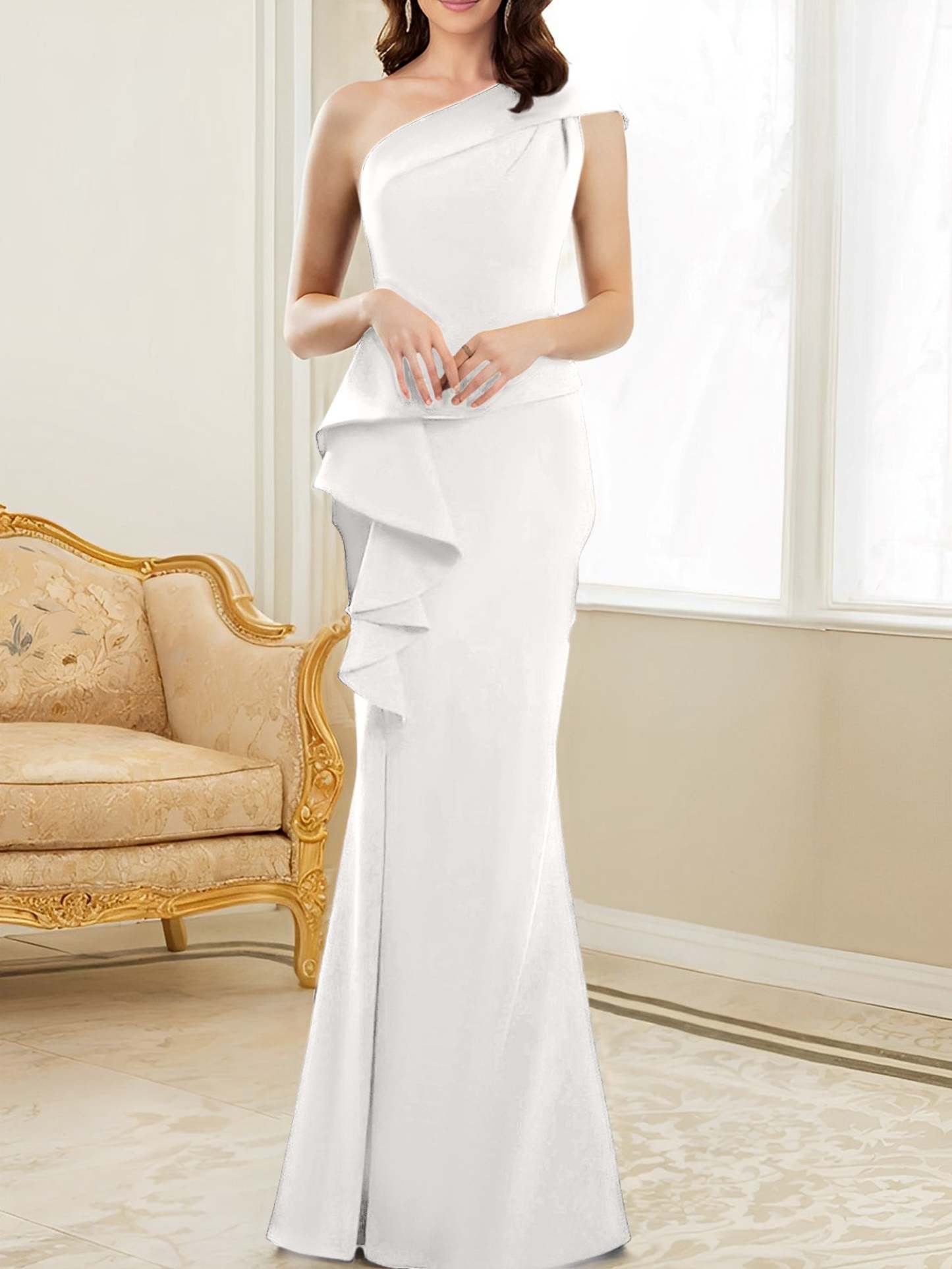 One-Shoulder Floor-Length Trumpet/Mermaid Gown for the Mother of the Bride