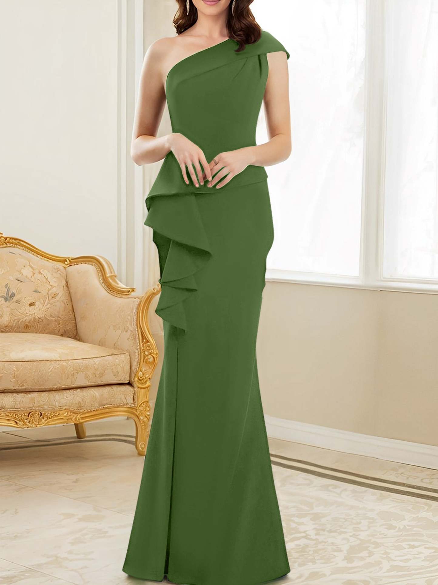 One-Shoulder Floor-Length Trumpet/Mermaid Gown for the Mother of the Bride
