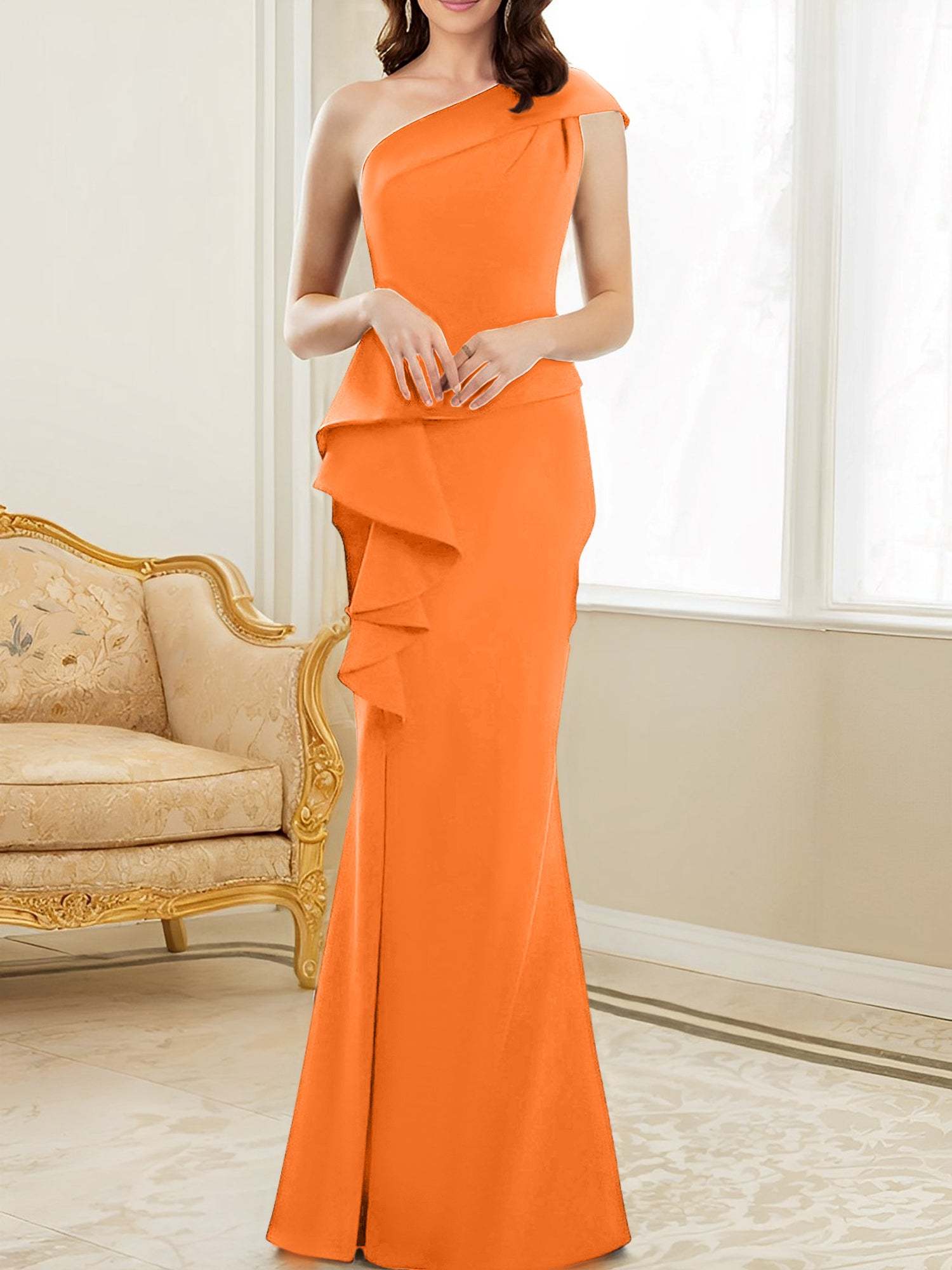 One-Shoulder Floor-Length Trumpet/Mermaid Gown for the Mother of the Bride