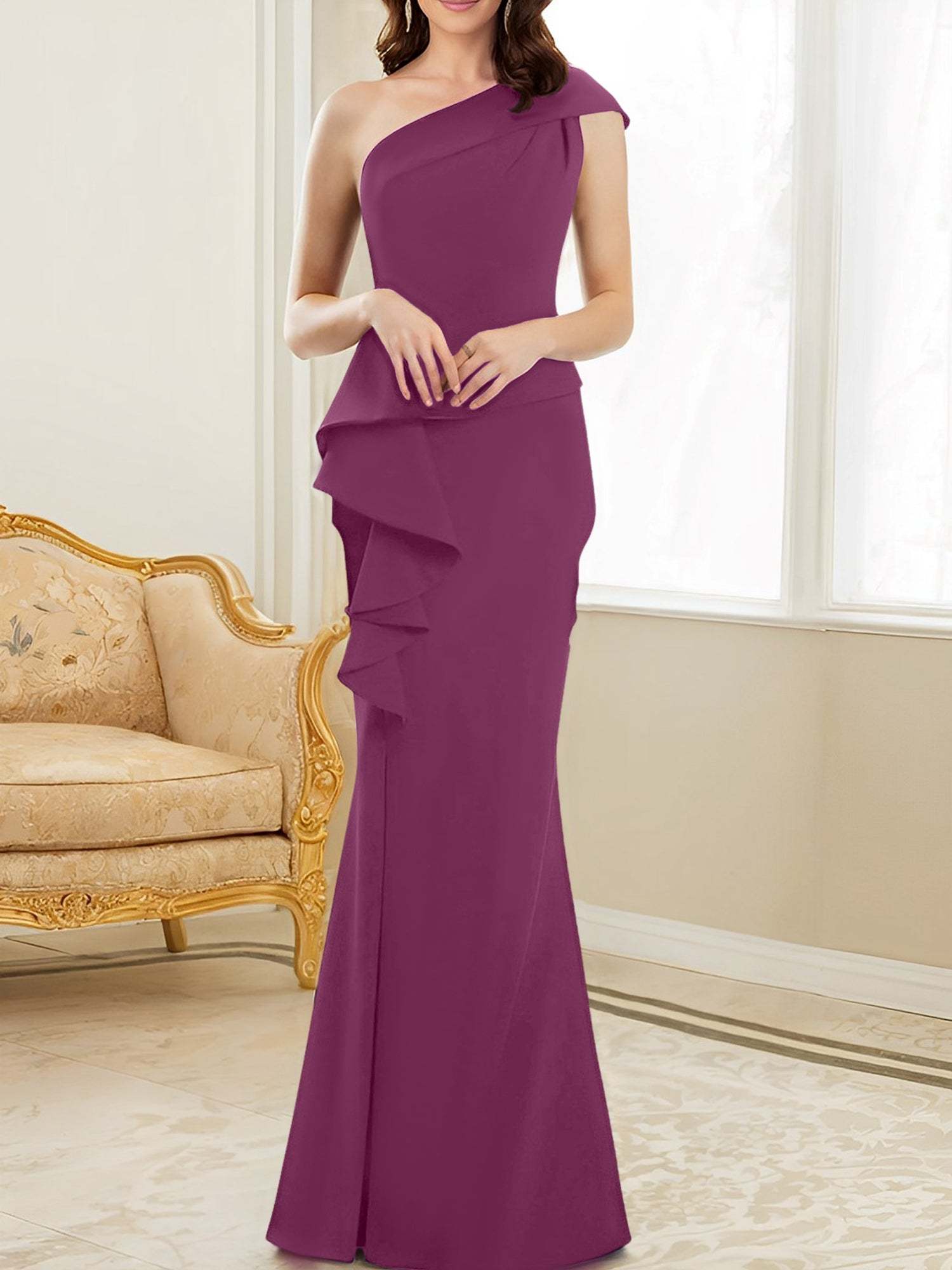 One-Shoulder Floor-Length Trumpet/Mermaid Gown for the Mother of the Bride