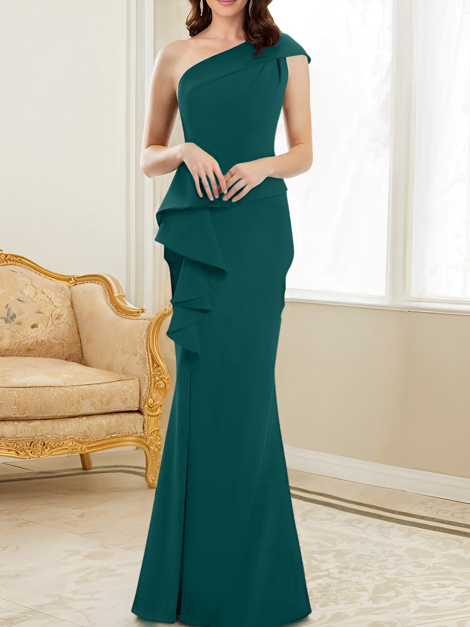 One-Shoulder Floor-Length Trumpet/Mermaid Gown for the Mother of the Bride