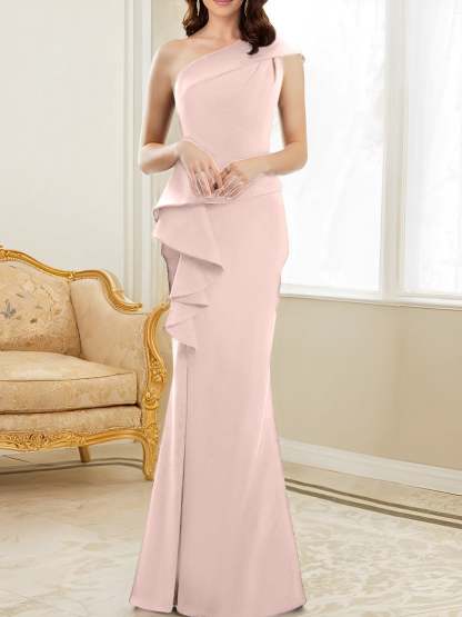 One-Shoulder Floor-Length Trumpet/Mermaid Gown for the Mother of the Bride